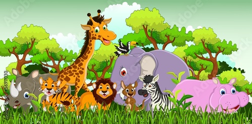 animals cartoon with tropical forest background