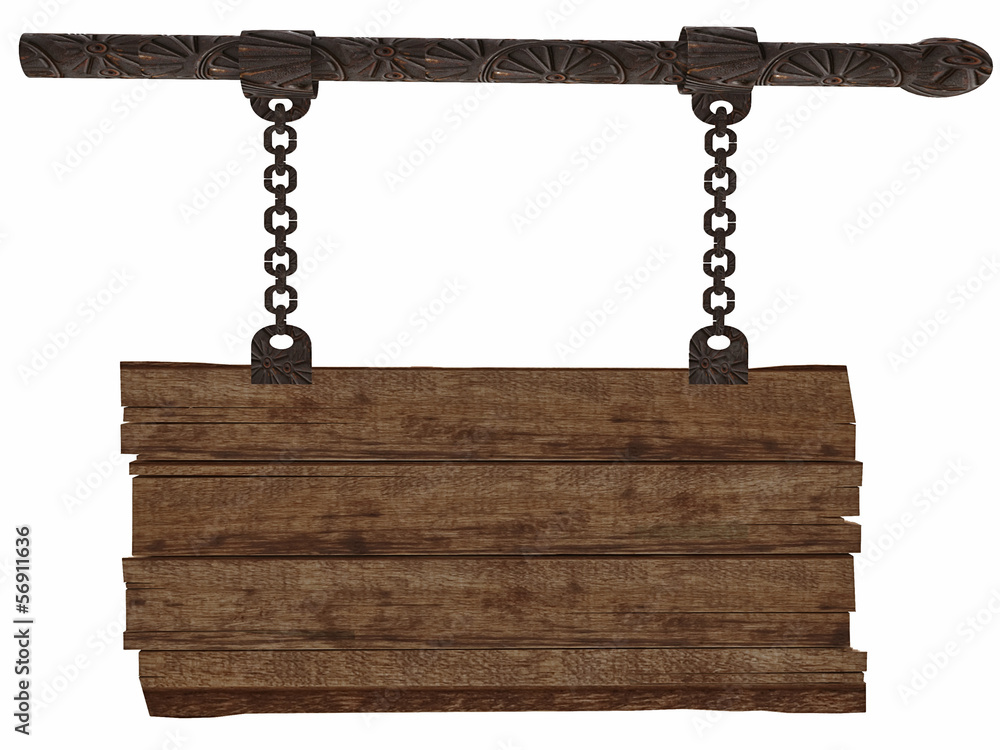 3d Old Wooden Sign-board Hanging on Chains