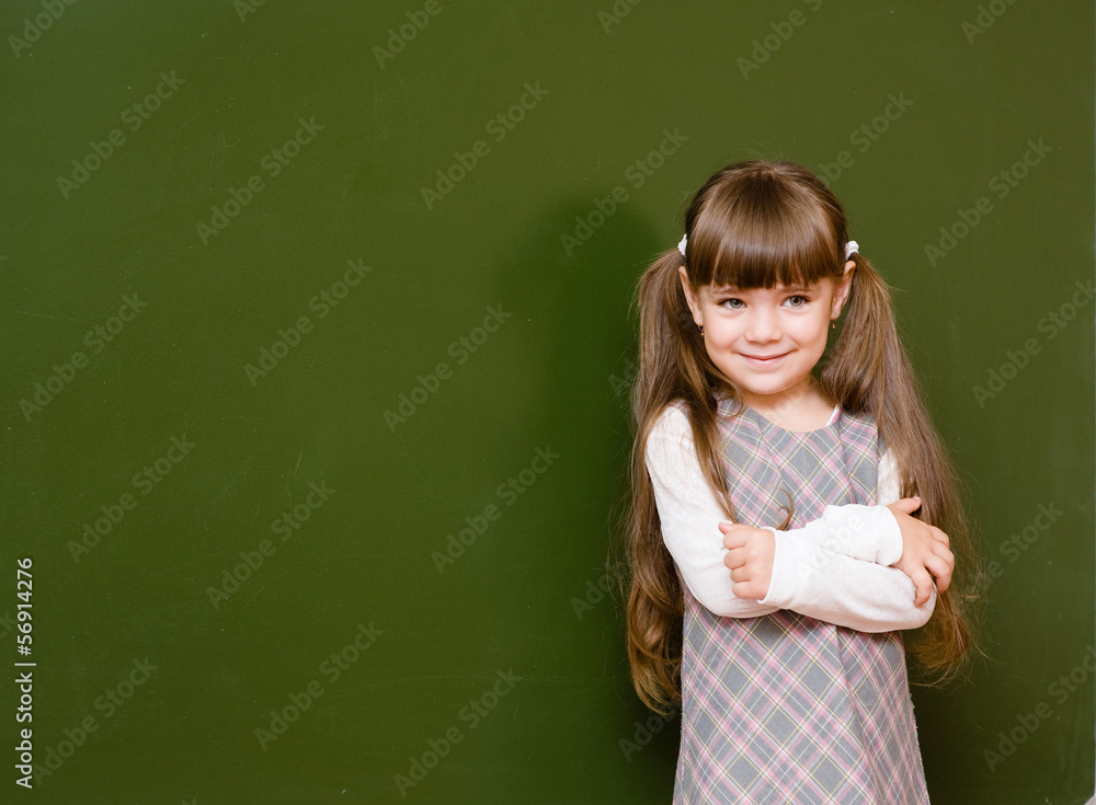 Schoolgirl standing in class near a green blackboard. Schoolgirl standing in class near a green blackboard.