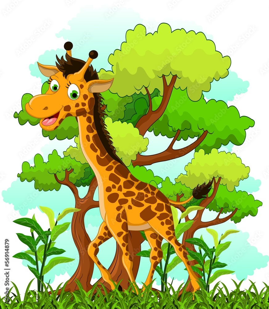 Naklejka premium giraffe cartoon on forest background