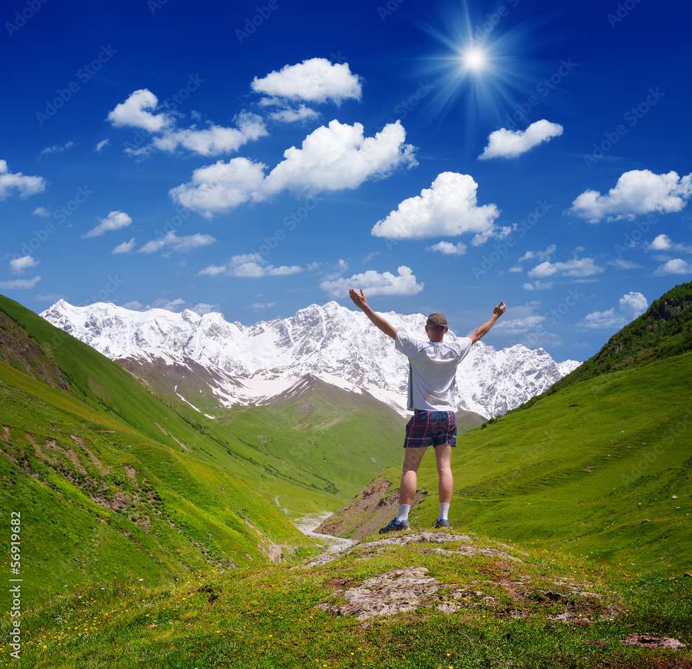 Tourist in the mountains of the Caucasus Tourist in the mountains of the Caucasus