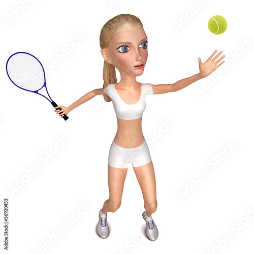 Girl in white clothes plays tennis. Isolated on white. 3D