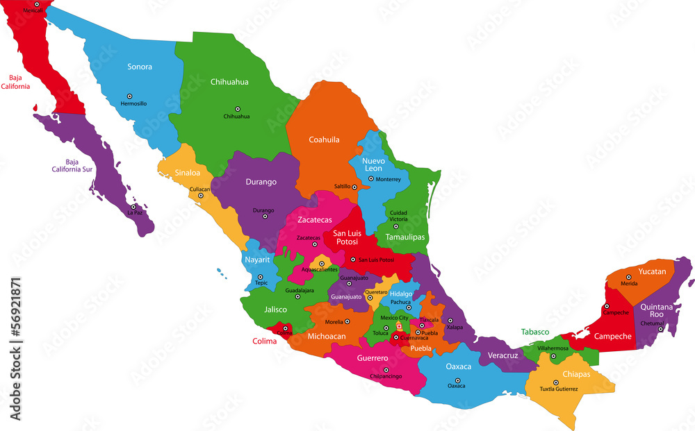 Colorful Mexico map - obrazy, fototapety, plakaty 