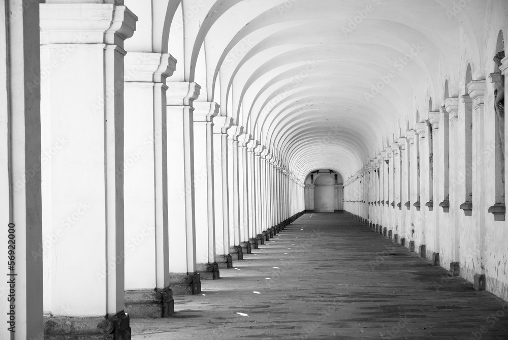 Long baroque arcade colonnade in black and white tone