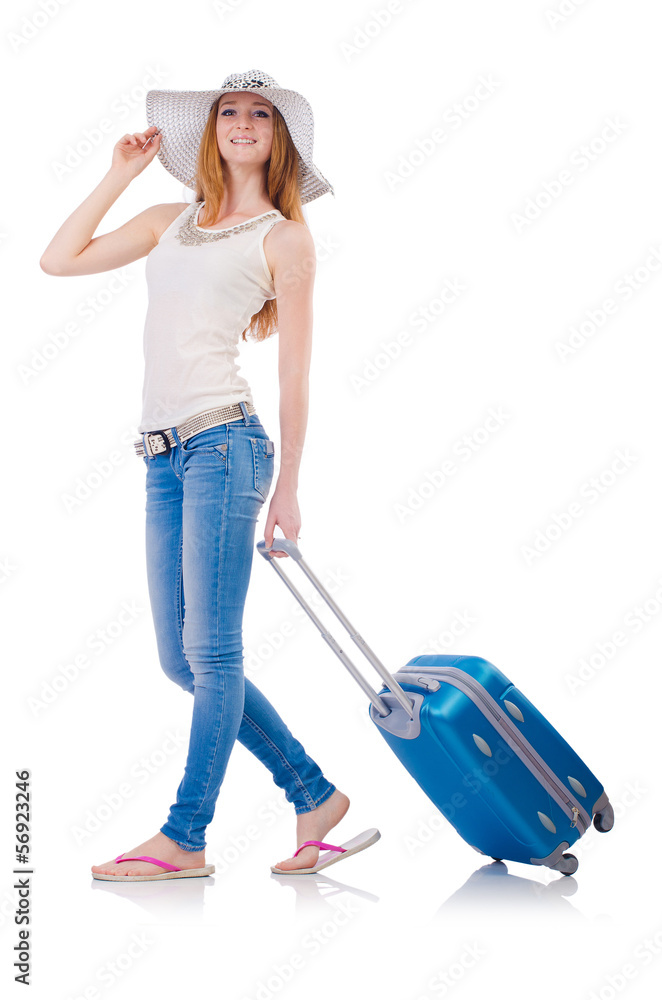 Girl with suitcases isolated on white Girl with suitcases isolated on white