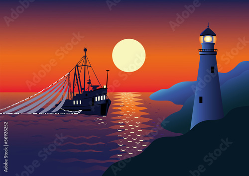 Night landscape with the sea by a fishing seiner and a beacon