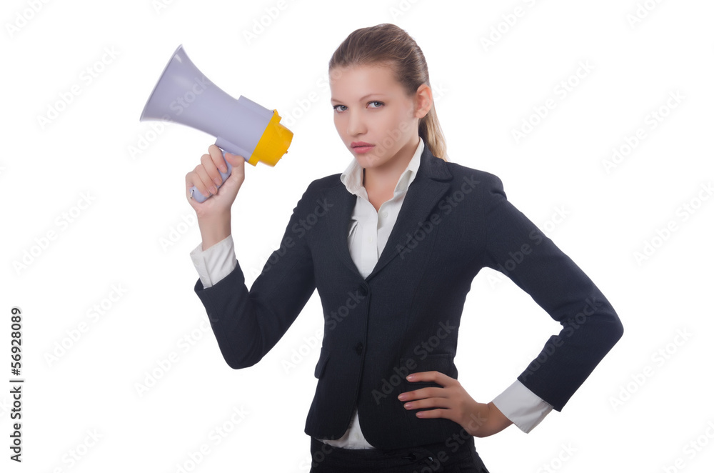 Woman with loudspeaker on white Woman with loudspeaker on white