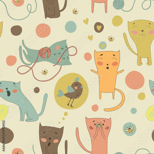 Cartoon cats, bird and toys on a bright background. 