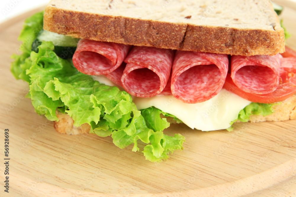 Tasty sandwich with salami sausage and vegetables Tasty sandwich with salami sausage and vegetables