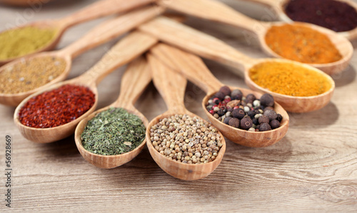 Fototapeta Naklejka Na Ścianę i Meble -  Assortment of spices in wooden spoons on wooden background