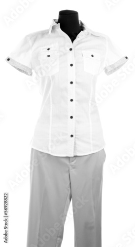 Nice blouse and gray trousers on mannequin, isolated on white