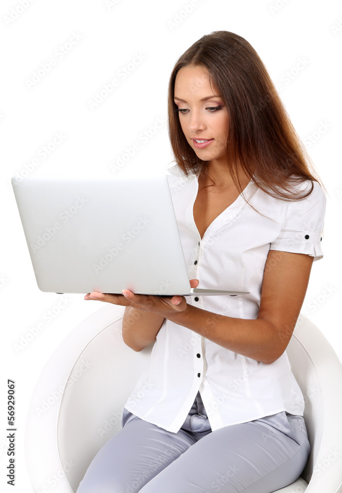 Young beautiful business woman with laptop isolated on white Young beautiful business woman with laptop isolated on white