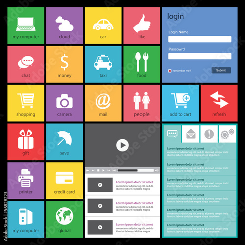 Flat Web Design, elements, buttons, icons. Templates for website
