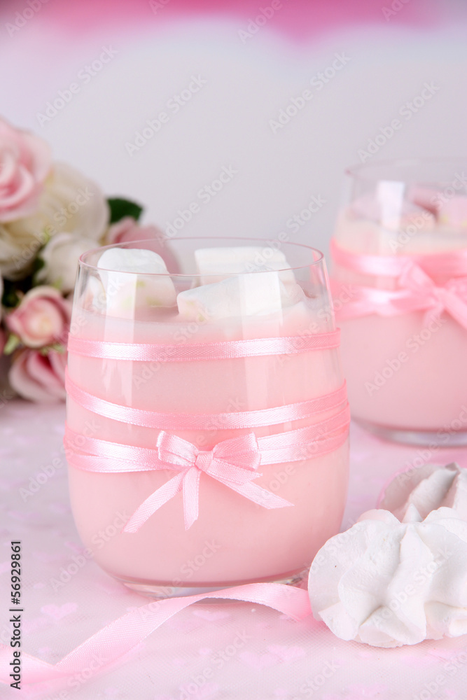 Tasty yogurt with marshmallows, close up Tasty yogurt with marshmallows, close up