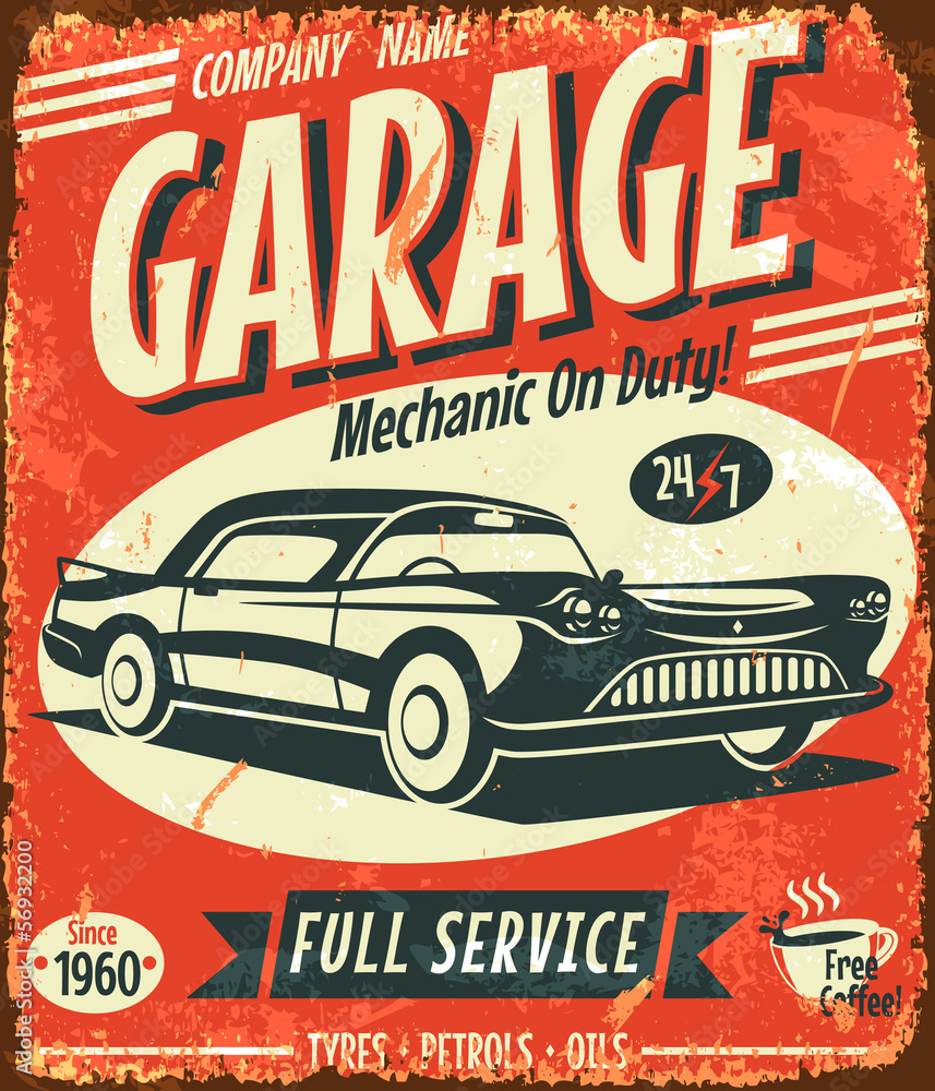 Plakat Grunge retro samochód usługi znak. Ilustracji wektorowych.