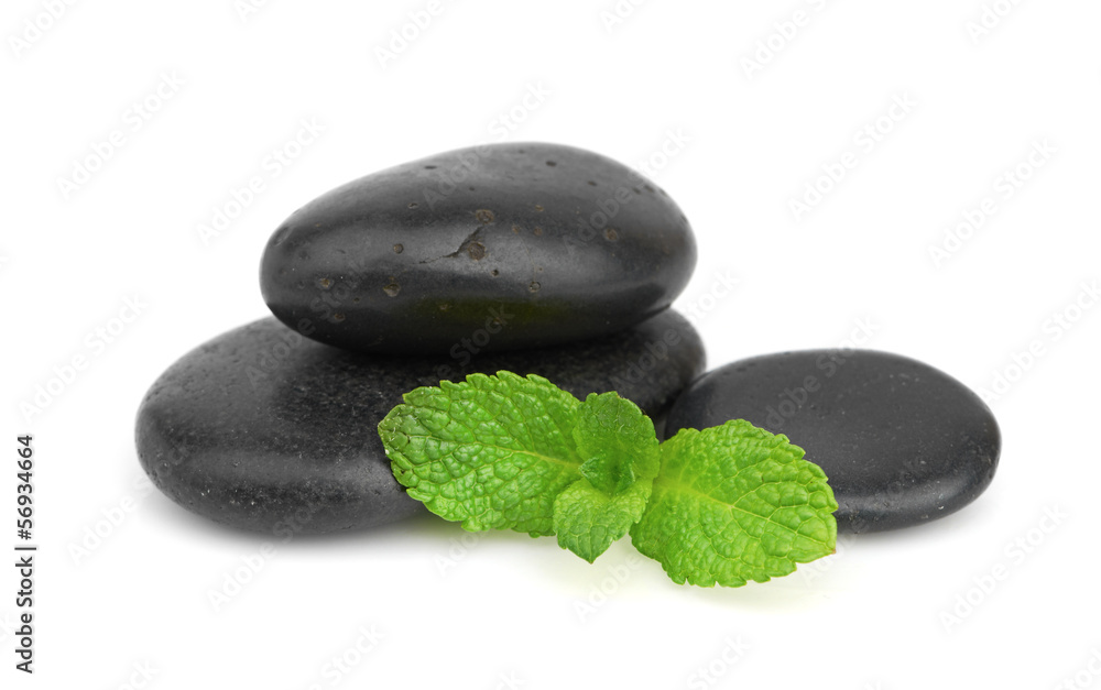 Fresh mint on the black stones with drops Fresh mint on the black stones with drops