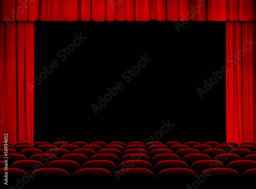 theater red auditorium with stage, curtains and seats