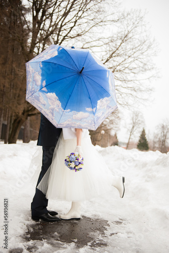 The bride and groom in the park in winter