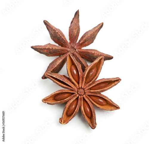 two whole star anise isolated on white background