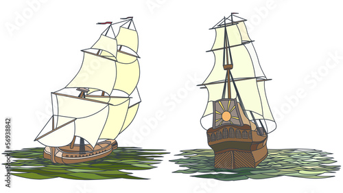 Vector set of color ship with sails for icons.
