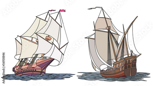 Vector set of color ship with sails for icons.