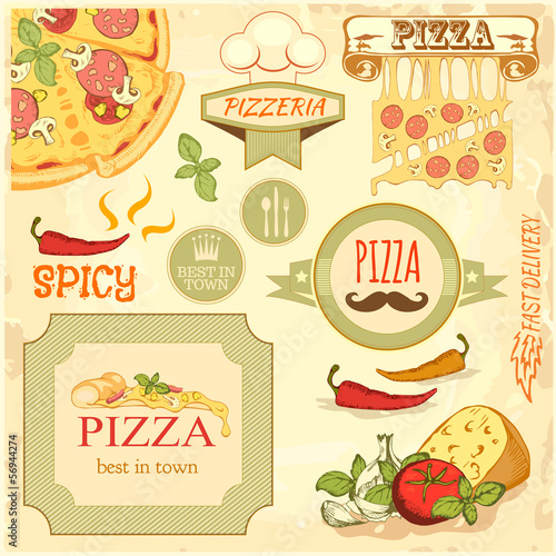 pizza slice, ingredients background,  box label packaging design