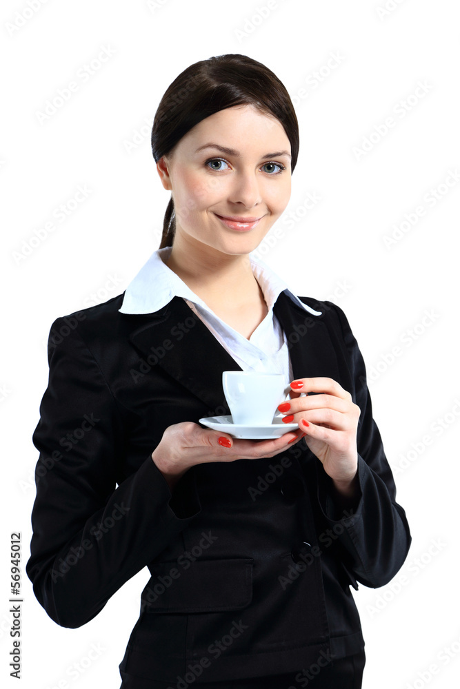 Business woman portrait with cup , isolated. Business woman portrait with cup , isolated.