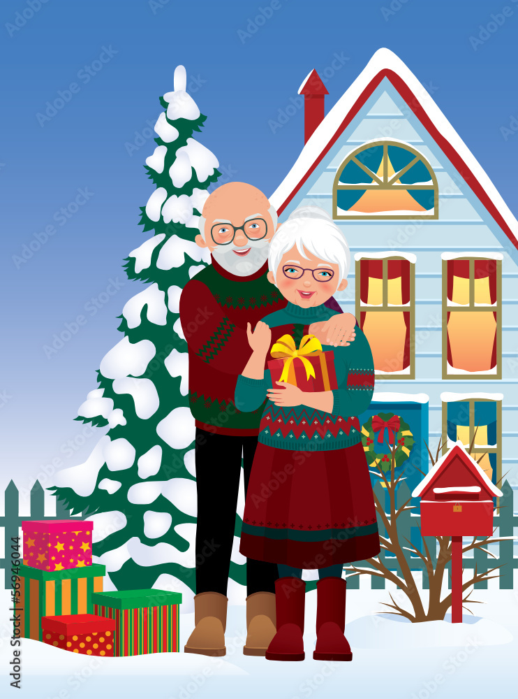 Elderly couple getting gifts at Christmas