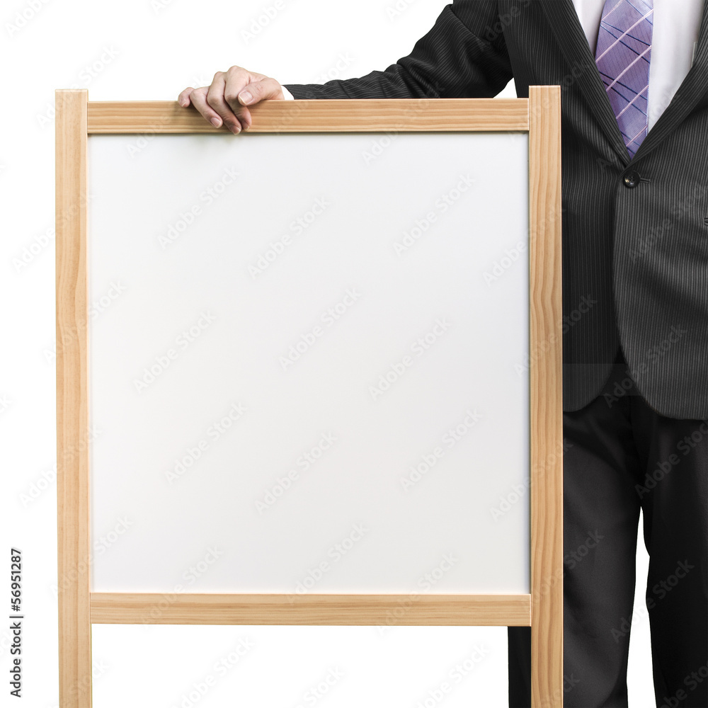 Businessman hold wooden white blank board in white background Businessman hold wooden white blank board in white background