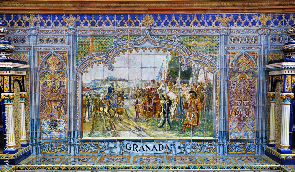 ceramic decoration in Plaza de Sevilla, Spain. Granada theme.
