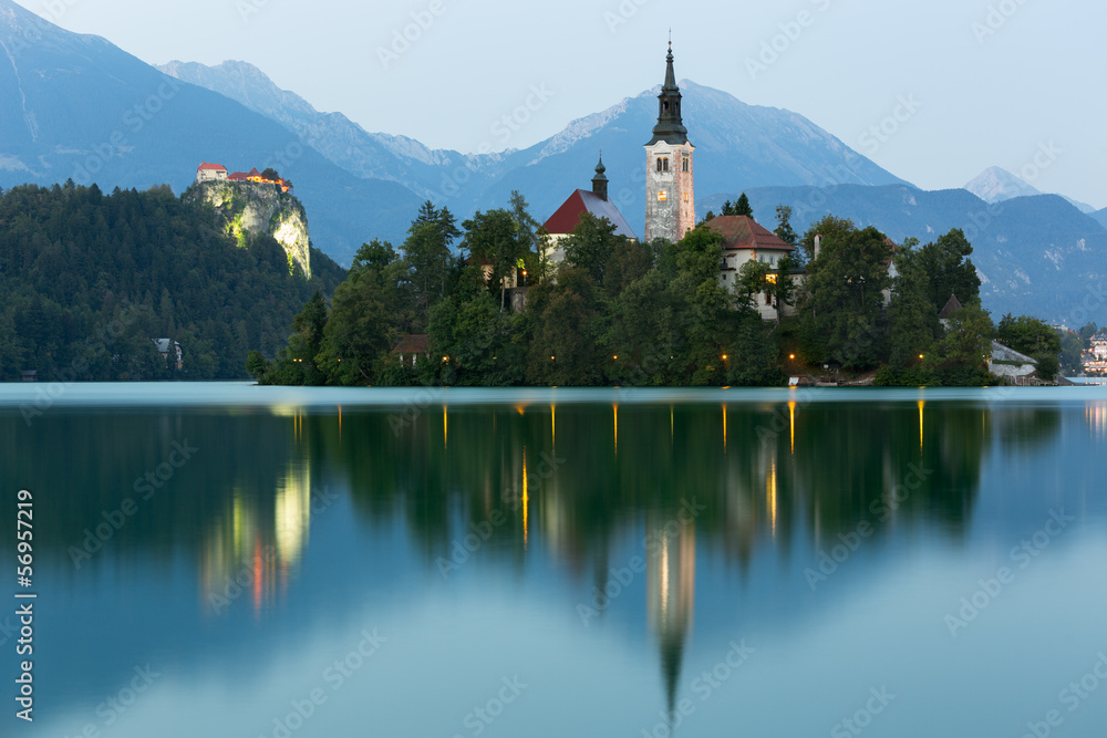 Bled Island and Bled Castle at dusk, Bled, Slovenia