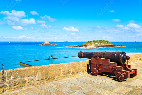 Old cannon along Saint Malo wall ramparts and fort. Brittany, F