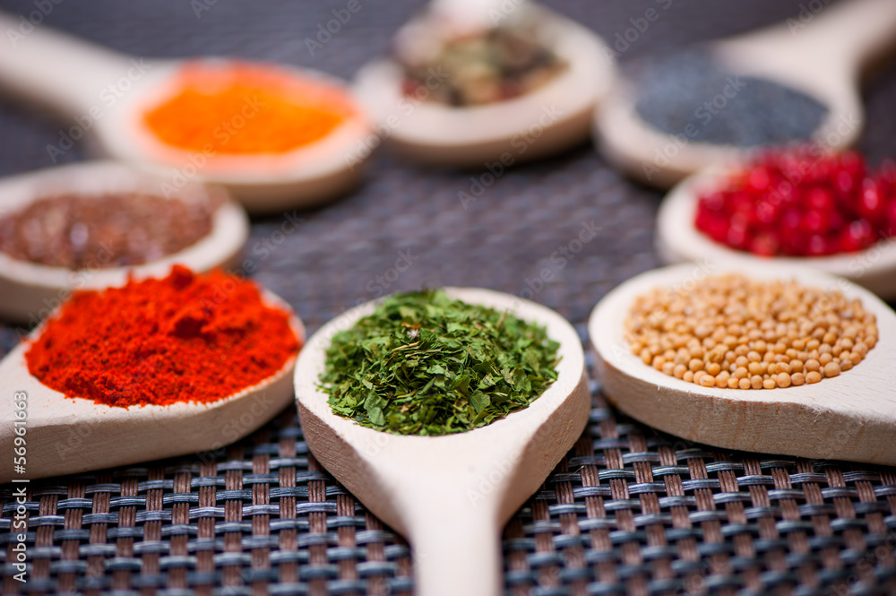 Various kind of spices on wooden spoon - detail of parsley Various kind of spices on wooden spoon - detail of parsley