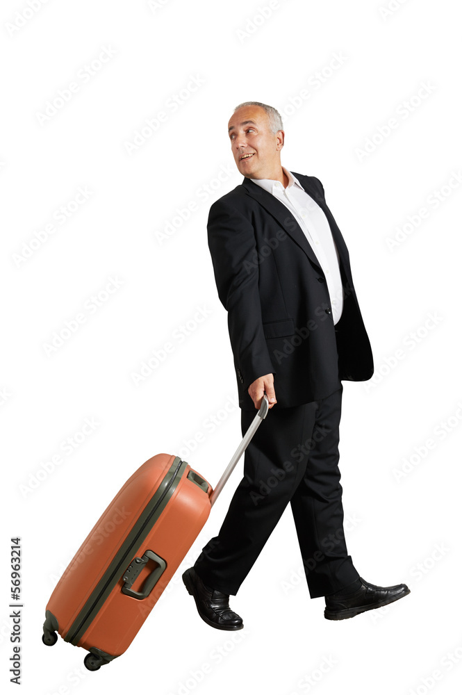 man with suitcase looking back and smiling man with suitcase looking back and smiling