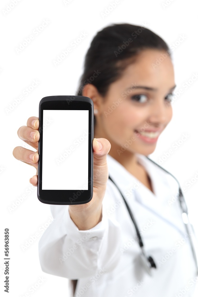 Beautiful female doctor showing a smart phone screen isolated Beautiful female doctor showing a smart phone screen isolated