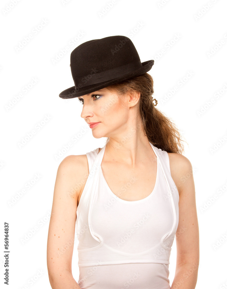 Pretty woman in hat with bird's feather Pretty woman in hat with bird's feather