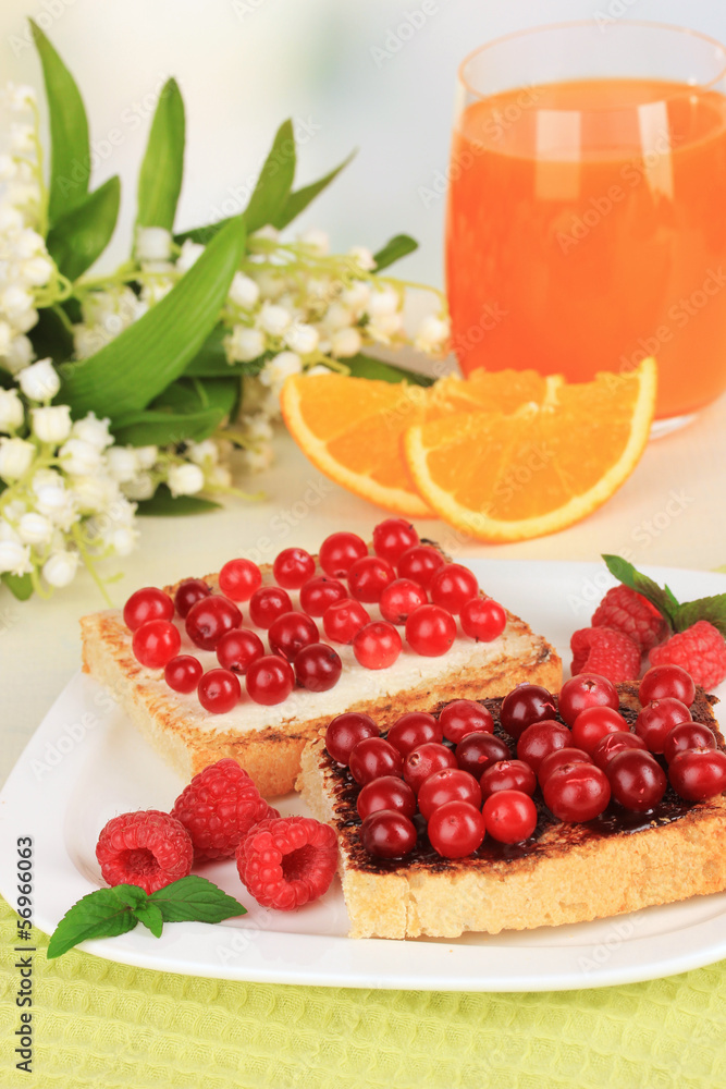 Delicious toast with cranberries on table on light background Delicious toast with cranberries on table on light background