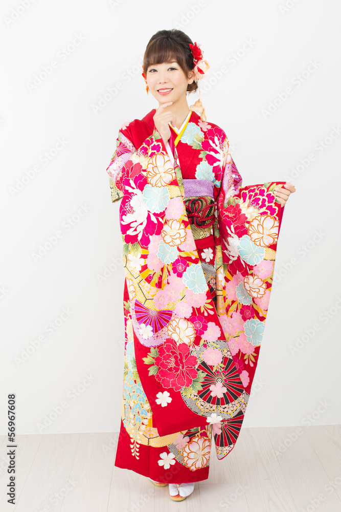 Beautiful asian kimono woman on white background