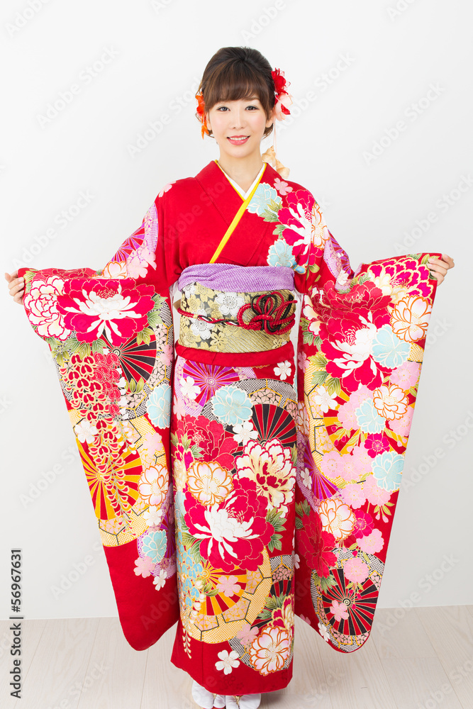 Beautiful asian kimono woman on white background