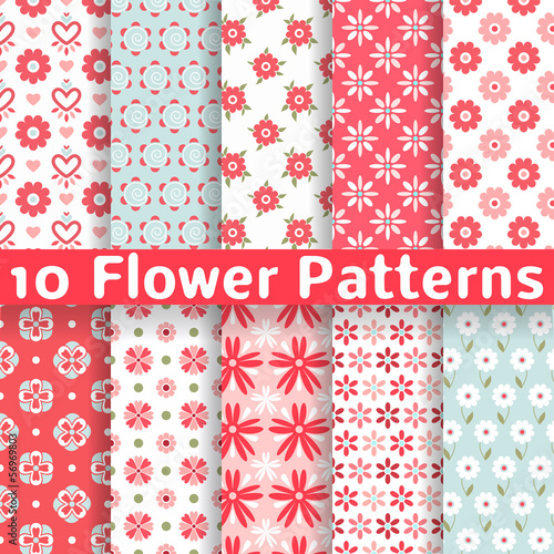 Different flower vector seamless patterns (tiling).