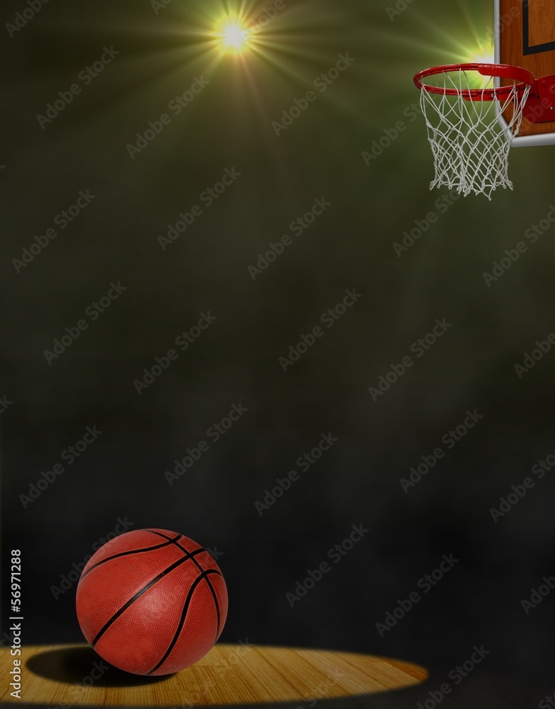 Basketball on the Floor and Hoop under Spotlights