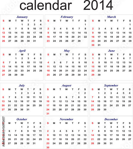 New Year 2014 calendar for all months