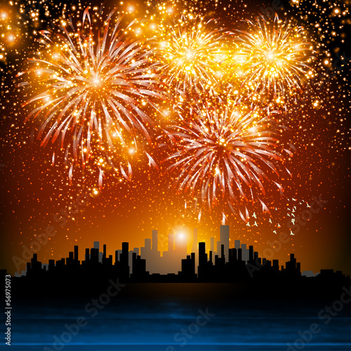 Happy New Year fireworks, night town easy all editable