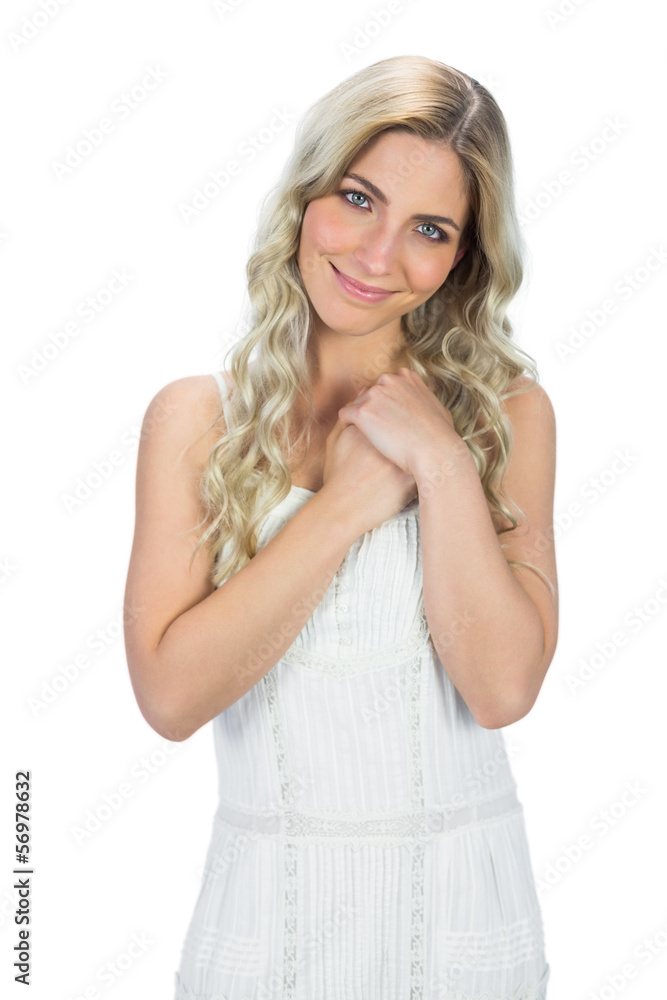 Content curly haired blonde being congratulating Content curly haired blonde being congratulating