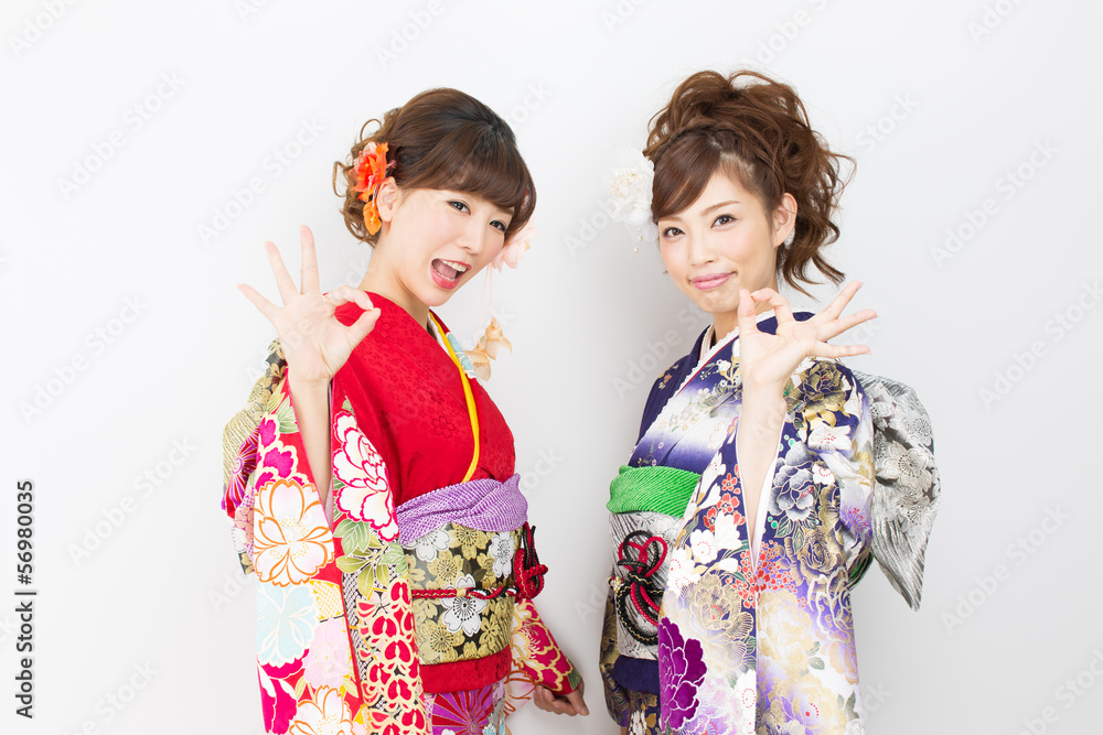Beautiful asian kimono women on white background