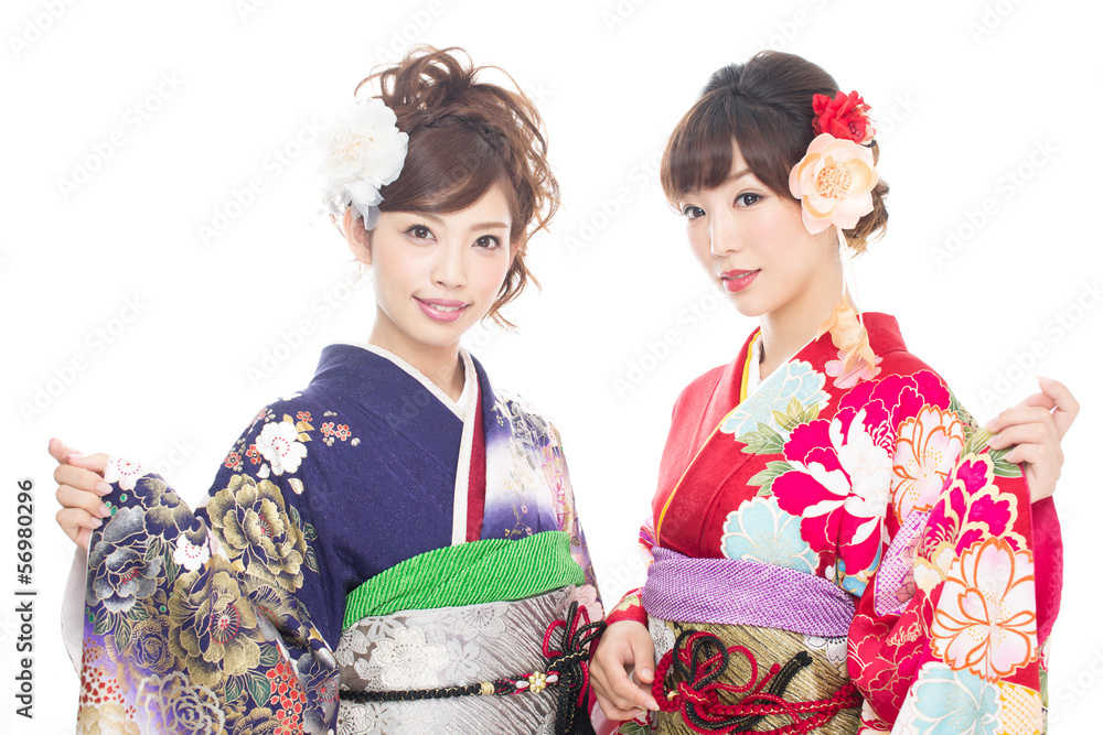 Beautiful asian kimono women on white background