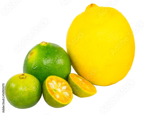 Calamansi, lime and lemon over white background