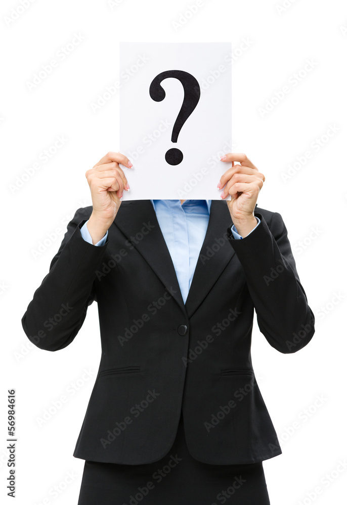 Half-length portrait of businesswoman with question mark Half-length portrait of businesswoman with question mark