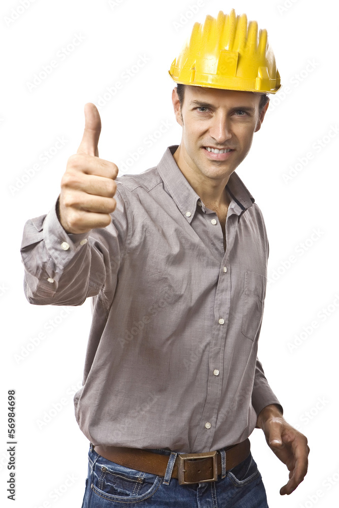 Confident worker smiling with thumb up