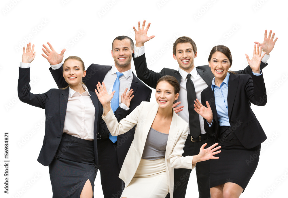 Group of happy executives with hands up, isolated Group of happy executives with hands up, isolated